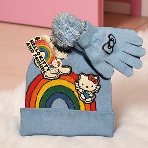 Hello Kitty and Cinnamoroll NWT Blue Knit Rainbow Beanie & Matching Gloves Set